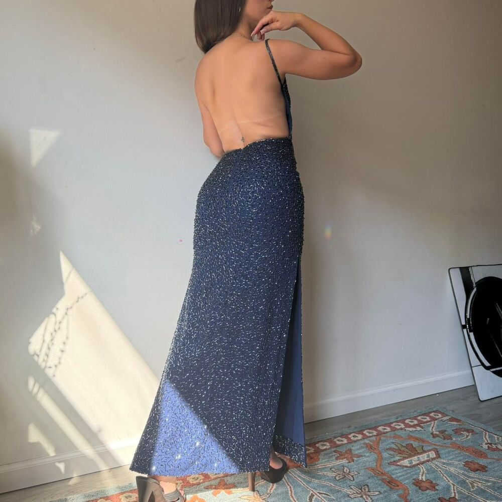 Vintage 90s Silk Beaded Backless Gown - Picture 6 of 8